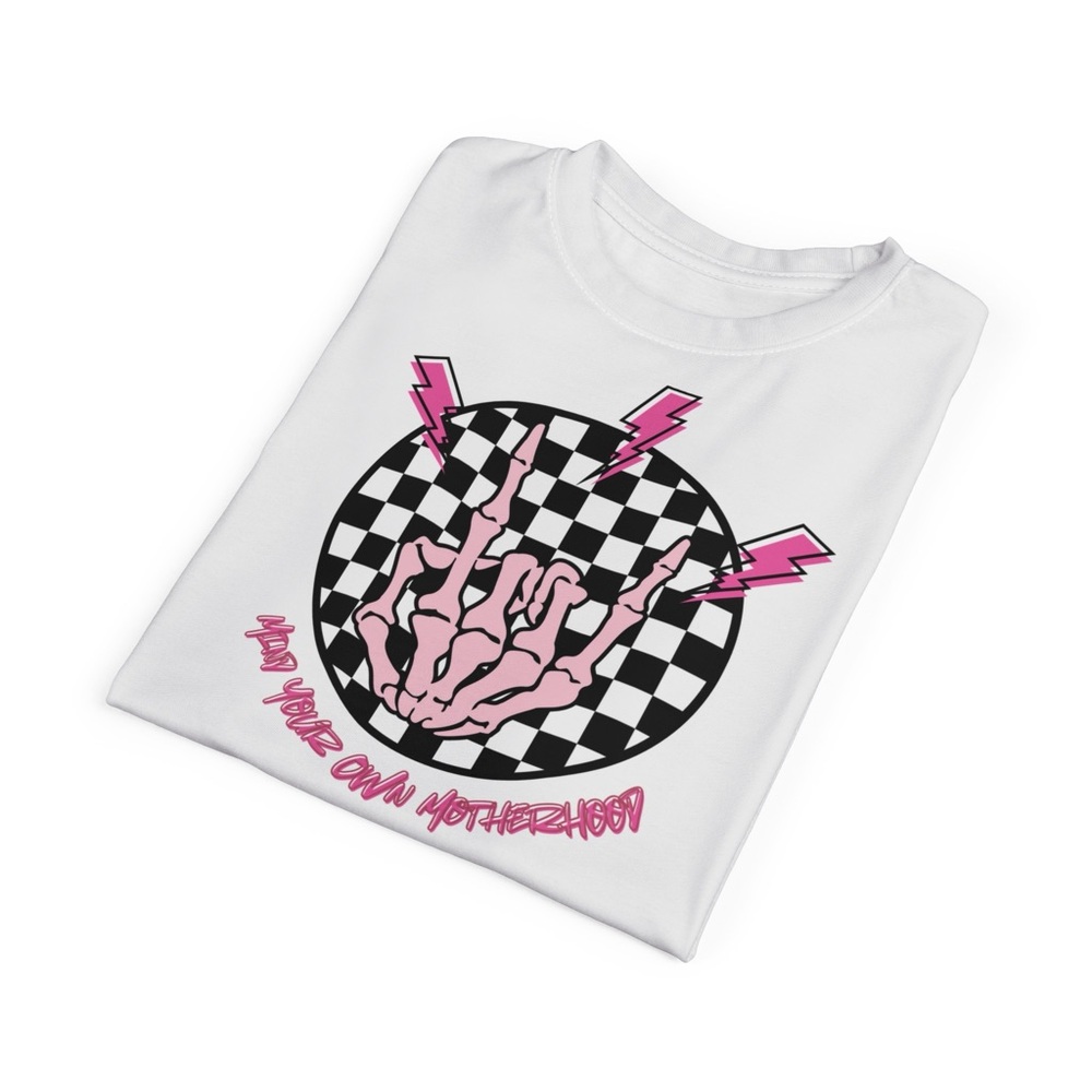 White Short Sleeve Tee with Mind Your Own Motherhood Graphic